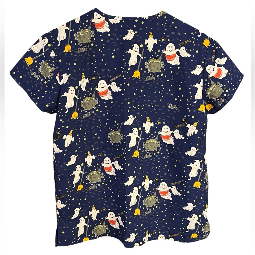 Women's Serene Uniform Scrub Top Blue Halloween-Fall Print - Picture 5 of 11